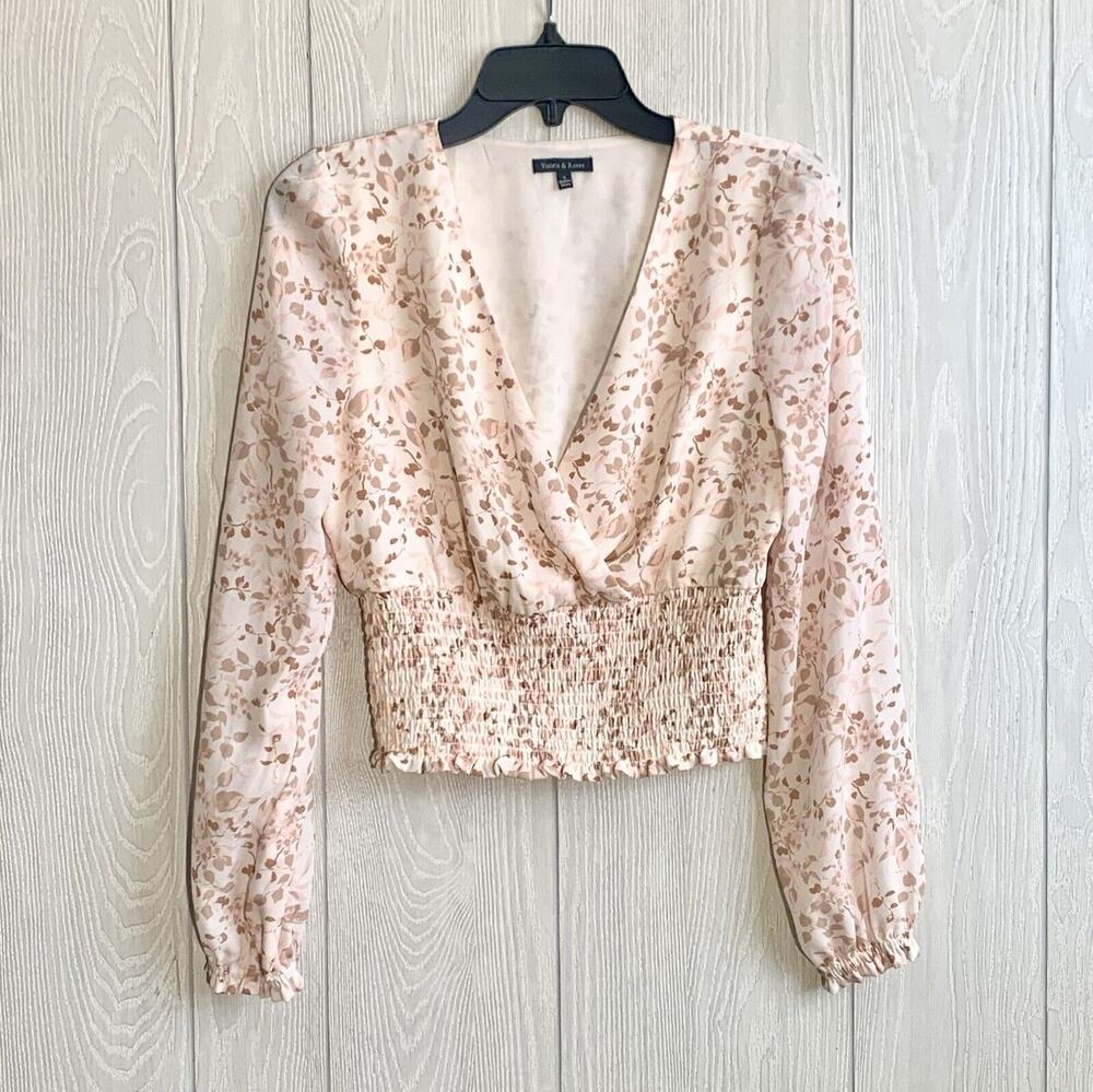 Violets & Roses Beige Pink Floral V-Neck Blouse Small NWOT